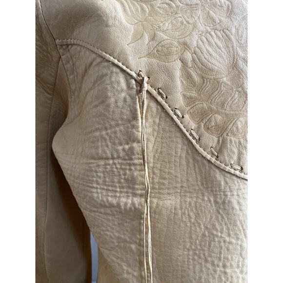 Vtg Santa Fe Leather floral embossed Shirt jacket womens S tan western boho USA - Picture 12 of 16